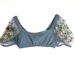 Anthropologie Slate Blue Bikini Top with Embroidered Floral Mesh Sleeves